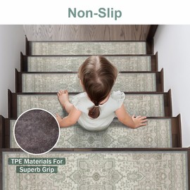 sarben Non Slip Stair Treads for Wooden Steps 15PCS - 8"x30" Indoor Safety Carpet, Edging Mats with TPE Adhesive Backing, Pet and Elderly Friendly Stair Rugs (Sage&Green)