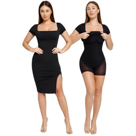 Popilush Black Shapewear Dress Shaper Formal Midi Work Dress for Women Square Neck Short Sleeve Slit Dresses