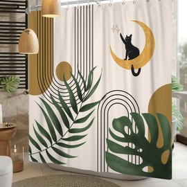 Kzzfqxb Boho Shower Curtains with Hooks, Mid Century Arch, Beige, Brown, Sun, Moon, Cat, Green Leaves, Modern Art, Waterproof for Bathroom, Polyester Fabric, Bathroom, Bathtub, Aesthetic Decor, 180 x