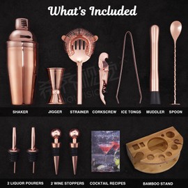 Bartender Kit with Bamboo Stand, 12 Piece 25oz Cocktail Shaker Set with All Essential Bar Tools Set for Drink Mixing, Ideal Gifts for Cocktail Lovers, Home Bar Bartending Kit with Cocktail Recipes