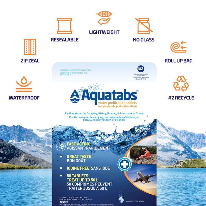 Aquatabs 49mg Water Purification Tablets, (50 Pack Canadian Retail Pouch),