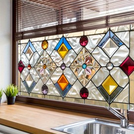 HOMETITUTE Decorative Stained Glass Window Privacy Film Static Cling Window Film with Flower Petal and Diamond Pattern UV Blocking Frosted Window Clings 39.3x17.7 Inch for Home Use