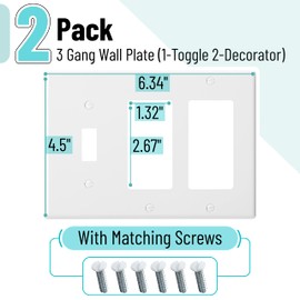 Bates Combination Wall Plate, 2 Pack, Single Toggle/Double Decorator, White Light Switch Cover Plate