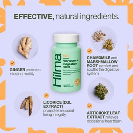 Hilma Heartburn & Indigestion Relief, Natural Antacid for Occasional Acid Reflux & Heartburn, Ginger, Chamomile, Marshmallow Root and More, Doctor-Formulated and Clinically-Studied, 50 Vegan Capsules