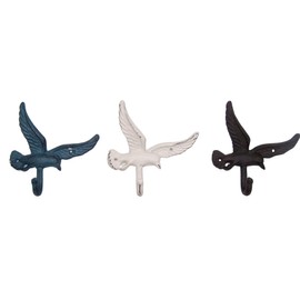 Wowser Flying Seagull Cast Iron Wall Hooks, Nautically Themed Wall Décor, Set of 3 Assorted Colors, 6.25 Inches