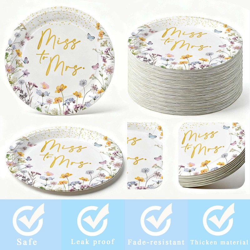 50PCS Miss to Mrs Plates 7" Wildflower Bridal Shower Disposable