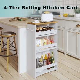 MARTY Rolling Storage Cart 7.9" W, 4-Tier White Kitchen Cart on Wheels, Slim Storage Cart with Handle for Laundry Narrow Places Bathroom Small Corner