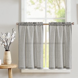 TOPICK Striped Panel Curtains, Linen Curtains with Stripes, Kitchen Curtain, Opaque, Short Kitchen Curtains for Kitchen, Dining Room, Bathroom, Small Window, 65 W x 60 H (cm) Black on Beige
