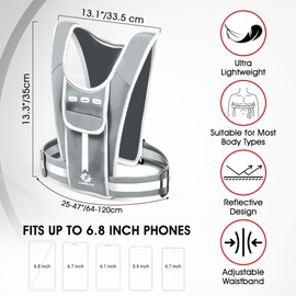 LUMEFIT Running Vest Phone Holder – Practical Jogger Phone Holder – Reflective Running Phone Holder with Water Bottle Pocket and Fixing Rope – Features Headphone Jack and Shoulder Pocket (Grey)