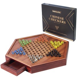 VAMSLOVE Chinese Checkers 15" Large Upgraded Version Wooden Game Board, 16mm 60+12 Colorful Glass Marbles, Easy Grasping for Adults and Kids, w/Storage Drawer, Fun for Family Gathering