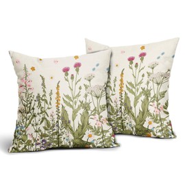 Wildflowers Spring Pillow Covers 18X18 Inch Set of 2 Sage Green Plant Floral Leaves Decorative Pillow Cases Flower Seasonal Cushion Case Farmhouse Home Decor for Sofa Couch Living Room
