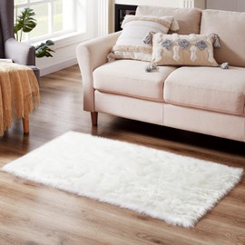 Ciicool White Fur Fluffy Rug, 2x4 ft Small Faux Fur Rug for Bedroom, Washable Faux Sheepskin Rugs for Sofa Couch Seat Cushion, Thick Shaggy Furry Rugs Floor Carpets for Bedside Living Room