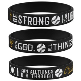Sainstone Power of Faith Baseball Bible Verse Silicone Wristbands with Christian Inspirational Sayings, Set 3 of Scriptures Motivational Rubber Bracelets Sports Gifts1 (Black Golden)