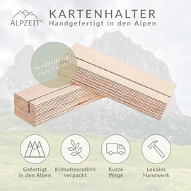 ALPZEIT 10 wooden card holders, can be used as a photo holder, place card holder, card stand and postcard holder. Handmade in the Alps
