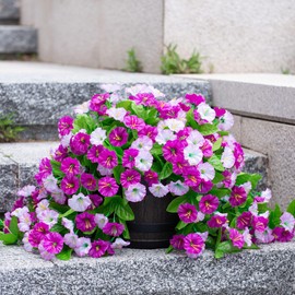 INXUGAO Artificial Fake Hanging Flowers Plants for Outdoor Spring Summer Decoration, 2PCS Faux Silk Morning Glory Long Vines Stems UV Resistant Look Real for Outside Home Porch Patio(Violet)