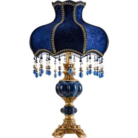 SANDYHA European Style Table Lamp with Fabric Lampshade Hand-Made Antique Varnished Resin Lampbody Victorian Style Table Lamp for Living Room Bedroom(Blue)