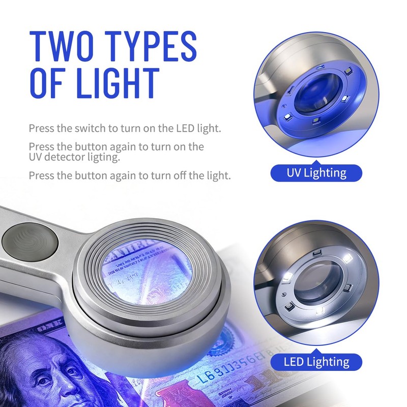 Handheld 60X Magnifier Loupe with UV & LED Lights, 30mm
