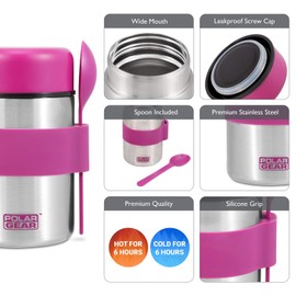 Polar Gear Insulated Food Flasks For Hot Food – Triple Layer Stainless Steel Hot Food Flask With Spoon – Keep Meals & Drinks Hot for 6 Hours & Cold for 6 Hours – Soup Flask For Work, School - Pink