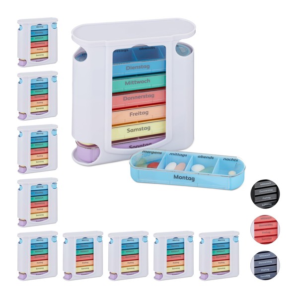 Relaxdays 10 x Pill Box 7 Days in a Set, Weekly Pill Box, 4 Compartments, Morning, Noon, Evening, Night, Pill Box, White/Multicoloured