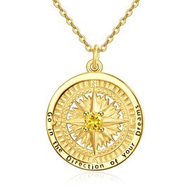 KINGWHYTE Graduation Gifts Birthstone Necklaces for Women 925 Sterling Silver Compass Birthstone Pendant Go in the Direction of your Dream Compass Jewelry Birthday for Women, Gold November