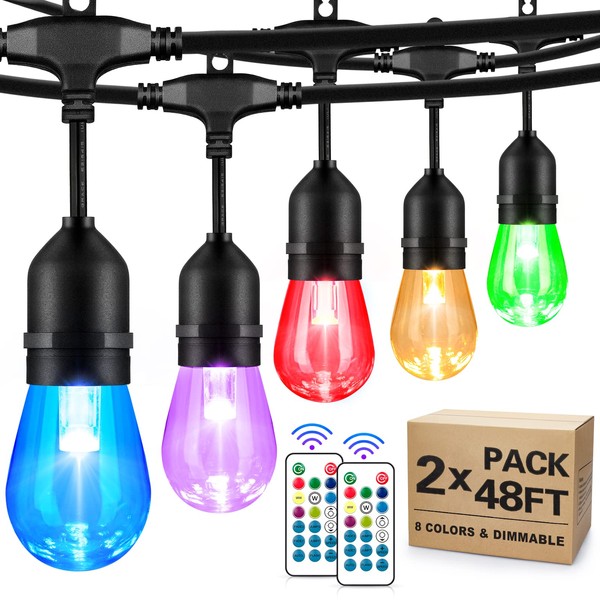 SHINE HAI 2-Pack 48FT Outdoor RGB String Lights, Cafe LED String Light with 30+5 Shatterproof Edison Bulb Dimmable, Commercial Light String for Patio Backyard Christmas Party, 2 Remote, 96FT