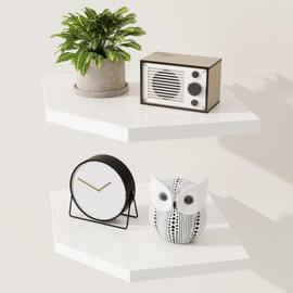 Fun Memories Corner Shelf Wall Mount Set of 2 - Solid Oak Wood Floating Corner Shelf with Cable Hole, 10in Rustic Design for Bedroom, Living Room, Kitchen (White)