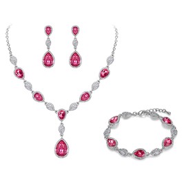 EleQueen Women's Wedding Bridal Jewelry Sets for Brides Bridesmaids, Cubic Zirconia Teardrop Necklace Tennis Bracelet Dangle Earrings Jewellery Set Pink Color