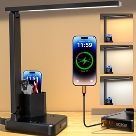 COZOO LED Desk Lamp with 3 USB Charging Ports,1 AC Outlet,2 Pen Holders,3 Color Temperatures 3 Brightness LevelsTouch/Memory/Timer Function,10W Eye Protection Foldable Reading Light,College Study Lamp
