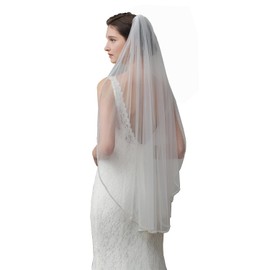 WEZTEZ Bridal Veils Beaded Edge Wedding Veil,1 Tier Pearl Crystal Edge Fingertip Length Short Bride Veil With Metal Comb