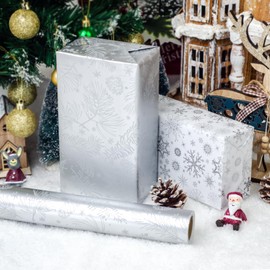 LDGOOAEL Mini Short Christmas Wrapping Paper Roll - Reversible Design (17 inches X 32.8 feet) - Silver & Gray Pinecone, Branches, Snowflakes