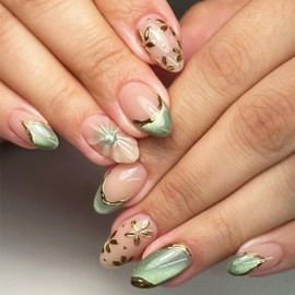 French Tip Press on Nails Oval Short Fake Nails with Designs Gold Flower Gel Glue on Nails Summer Acrylic Nails Green Glitter Artificial Nails Kit Full Cover Stick on Fingernails for Women