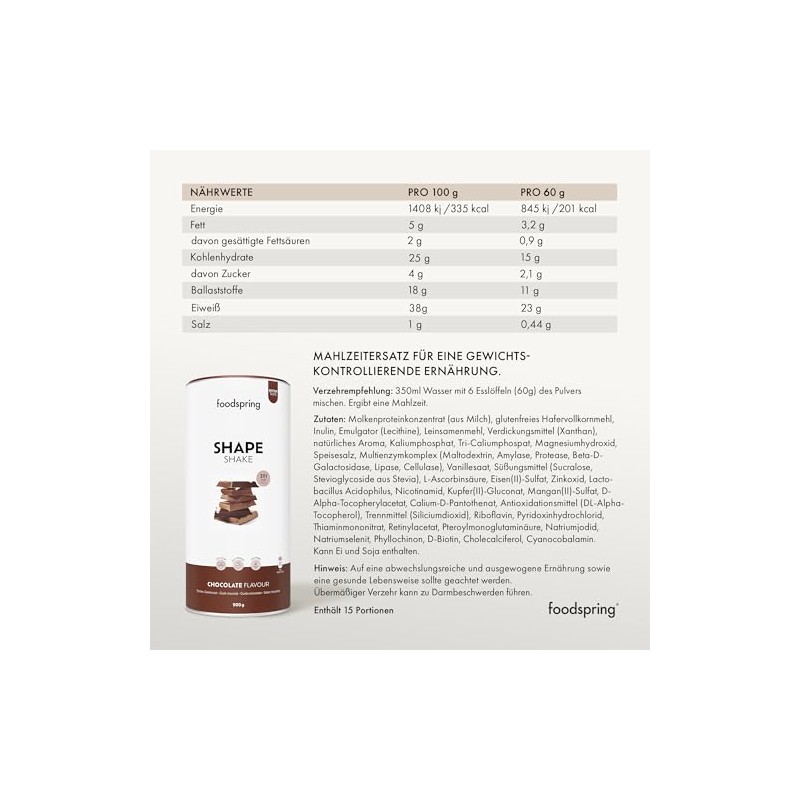 foodspring Shape Shake Schokolade ‚Äì Vollwertiger Mahlzeitenersatz-Shake zur Gewichtskontrolle mit