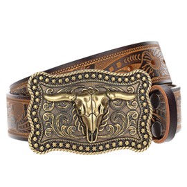 Evbopa Western Leather Belts for Men Cowboy Belt Mens Engraved Bull Buckle Belts