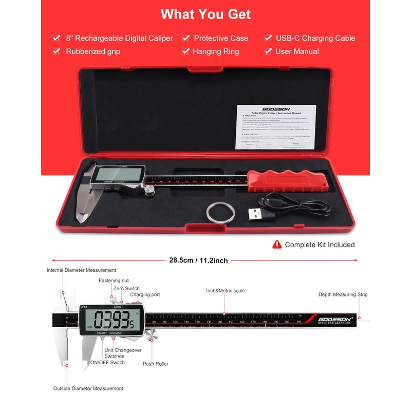 GODESON 8" USB-C Rechargeable Digital Caliper 0.001" Precision