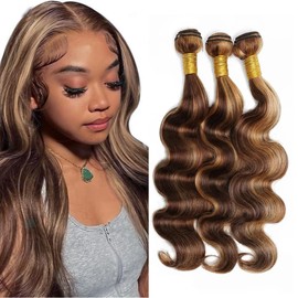 Biliisyff P4/27 Highlight Body Wave Ombre Honey Blonde Brazilian Human Hair Bundles 8 10 12 Inch 2 Tone Brown and Blonde Hair Wet and Wavy Bundles Brown Weft Hair Extensions for Black Women
