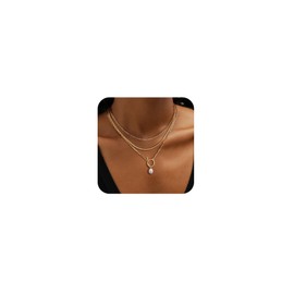 DIFOMI Dainty Layered Pearl Necklace for Women, 14K Gold Plated Pearl Toggle Clasp Pendant Necklace Simple Paperclip Herringbone Cuban Chain Snake Choker Stack Set Necklace Everyday Jewelry Gift for Women