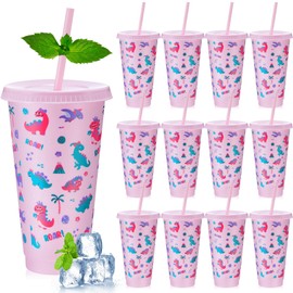 Chuangdi 12 Pcs Dinosaur Birthday Party Supplies for Girls Pink Dinosaur Cups for Kids 24oz Plastic Dino Cups Tumbler with Lid and Straw for Dino Birthday Party Favors