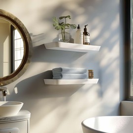 YANEVA Wood White Floating Shelves for Wall 16 Inch (Set of 2) - White Bathroom Shelves - Small Wall Mounted Shelf White for Bedroom Kitchen Living Room - 8 inch Deep Heavy Duty Floating Wood Shelves