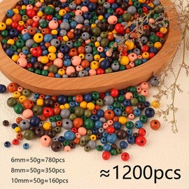 HERZONE Approx. 1200pcs Round Wooden Beads in Colourful 6 mm 8 mm 10 mm Natural Wood Beads for Threading for DIY Jewellery Making (Colourful/Mix)