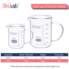 Okulab Glass Beakers Set, Vol 250ml 500ml 3.3 Borosilicate Glass Beaker Measuring Cups with Spout for Laboratories, Classrooms or Home, Lab Beakers, BKLGHS2A1