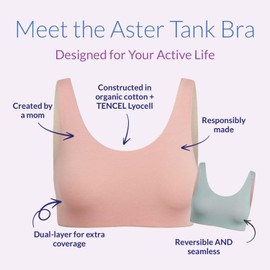 Aster Tank Bra, Ultra Soft Organic Cotton | Teens & Tweens Reversible & Seamless First Bra, Wide Band for Extra Support | Comfortable Sports Bra