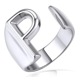 KeyStyle Inital Letter P Statement Ring for Womens, Monogram Initial Rings in Platinum Plated, Adjustable Ring for Women