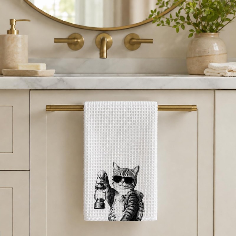 Threegoat Funny Cat Kitchen Towels, Camping Kitty Dish Cloth, Waffle