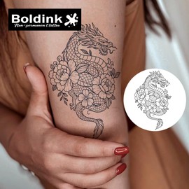 Boldink Temporary Tattoos, semi permanent tattoos, 15-day long lasting tattoo sticker, waterproof and anti-reflective, unique design(Flowers and Dragons)
