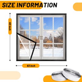 EcoBrisa Strength Window Insulation Kit 63*63IN Heavy Duty Winter Window Seal Kit with Self-Adhesive Strap Reusable Cuttable Transparent Film for Winterizing Thicken Thermal Waterproof Insulation Film