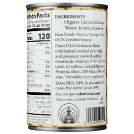 Eden Organic Garbanzo Beans, 15 oz Can, No Salt, Non-GMO, Gluten Free, Vegan, Kosher, U.S. Grown, Heat and Serve, Macrobiotic, Chickpeas