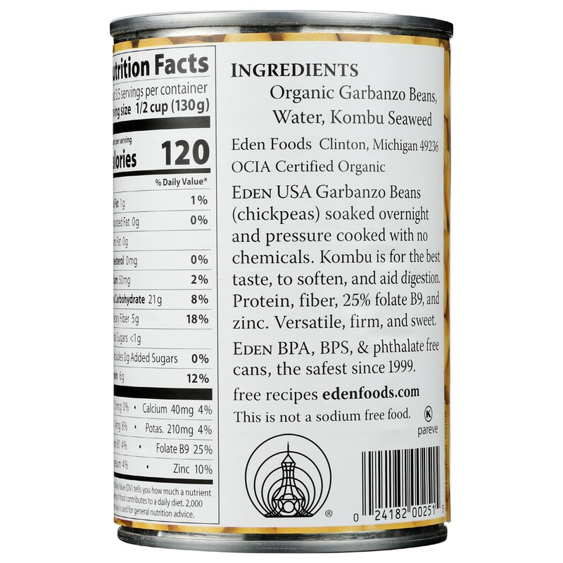 Eden Organic Garbanzo Beans, 15 oz Can, No Salt, Non-GMO,