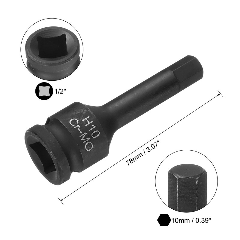 sourcing map 10mm Hex Impact Bit Socket H10 1/2" CR-MO