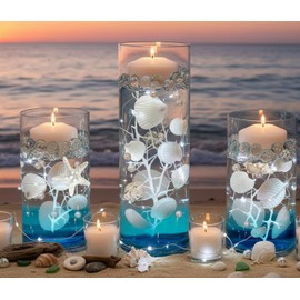 75 Floating Seashells White with Few Mixed- Coral Reef- Pearls- Aqua Beads- 3 Submersible LED Fairy Lights Strings Warm White (Hidable Submersible Batteries)- Fills 1 Gallon of Transparent Water Gels