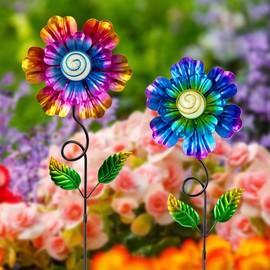 sunnylight Metal Flowers for Outside, 2 Pack 25'' Luminous Flower Decorative Garden Stakes for Spring Yard Decor, Flower Metal Yard Art for Porch Fence Pot Patio Decor (Yellow & Purple)